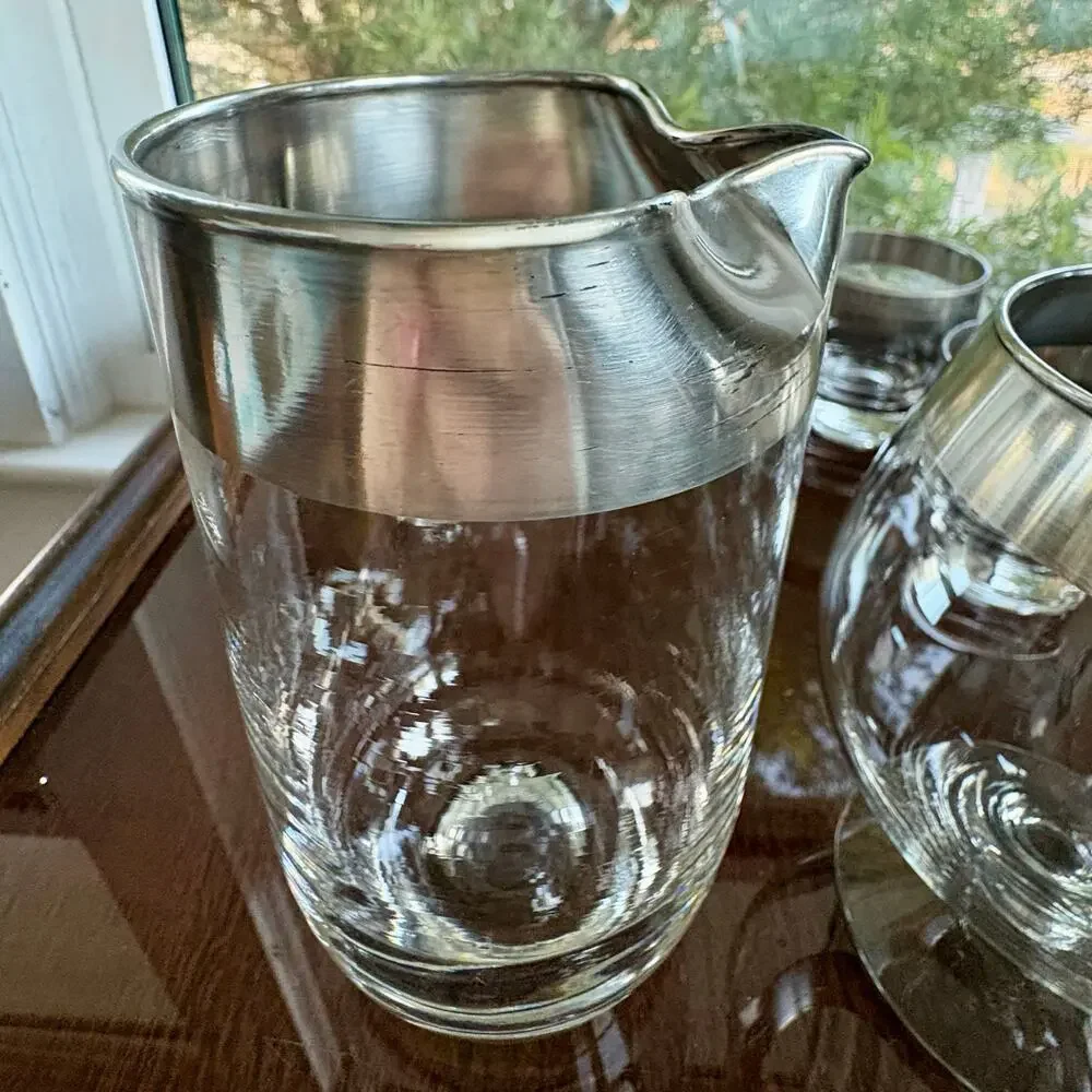 Vintage Dorothy Thorpe Silver Band Cocktail Set Pitcher & Snifter With Tumblers